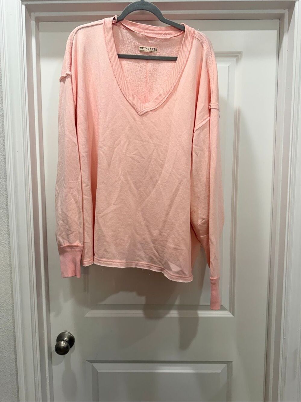 We The Free People Pink V Neck Long Sleeve Top Oversized Distressed Thermal M